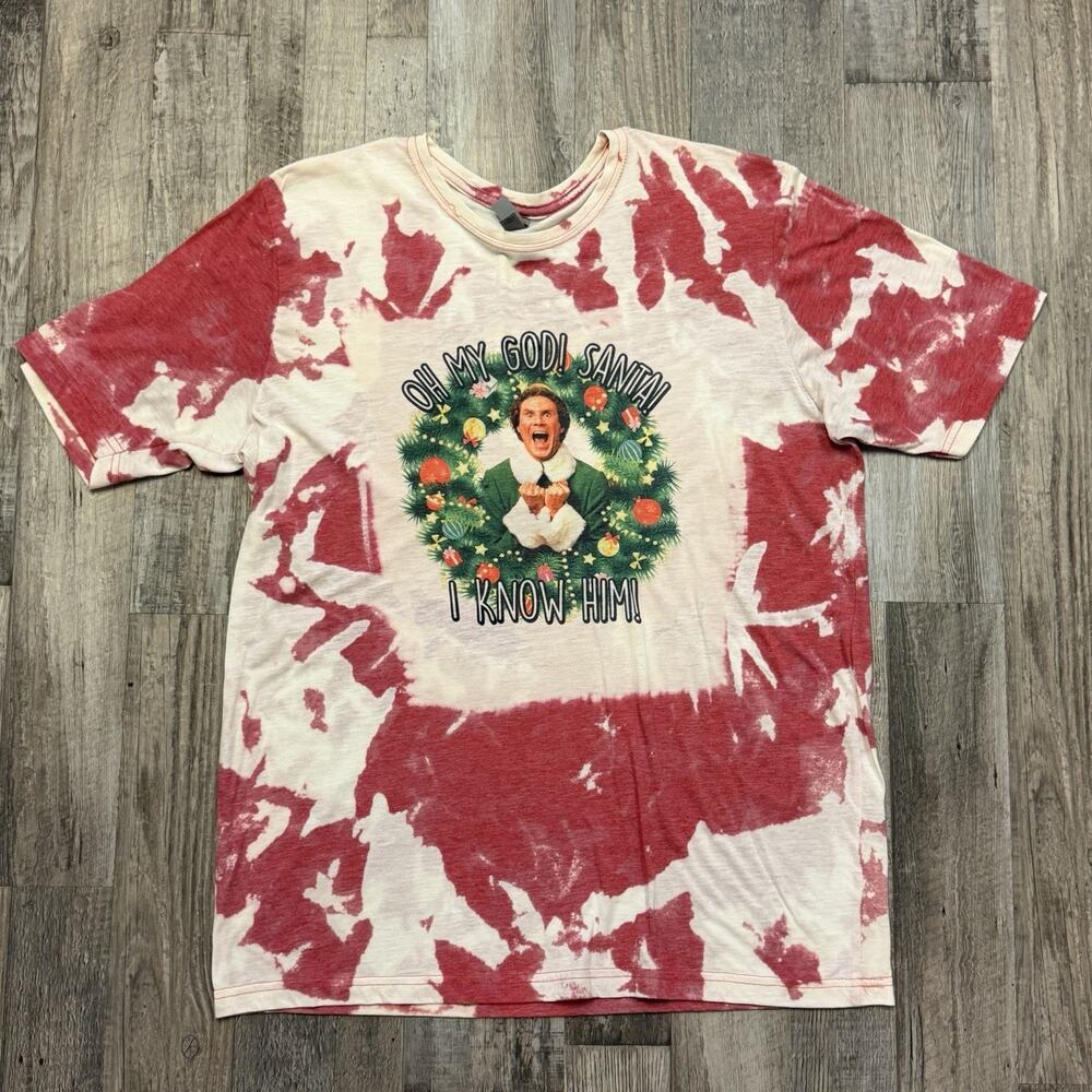 ELF Bleached Tie Dye Style Men’s T-shirt Red & White Christmas Tee Size XL